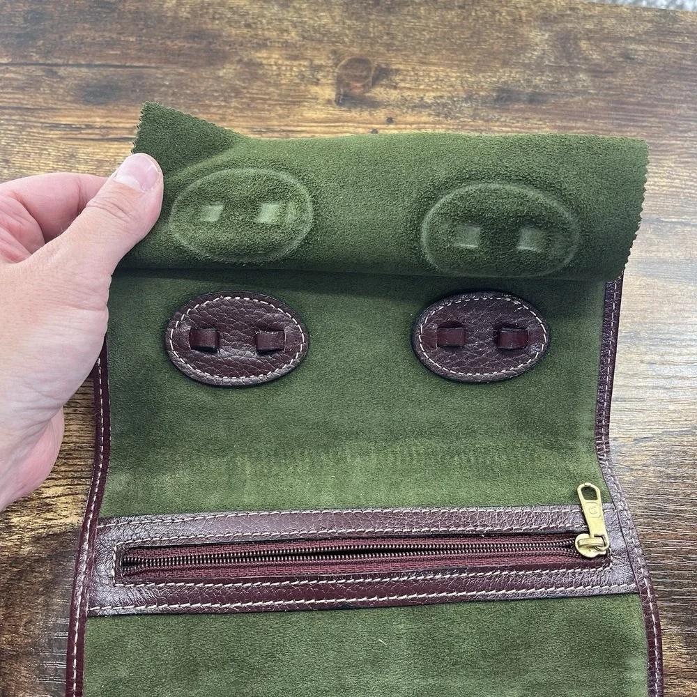 Vintage Green Suede Brown Leather Travel Jewelry Roll Case Old Money Timeless